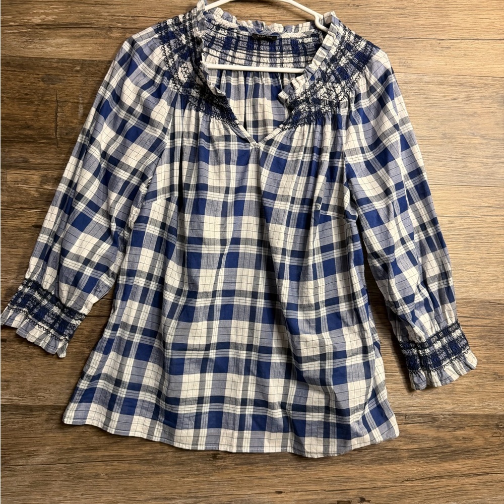Talbots Navy and White Checkered Blouse